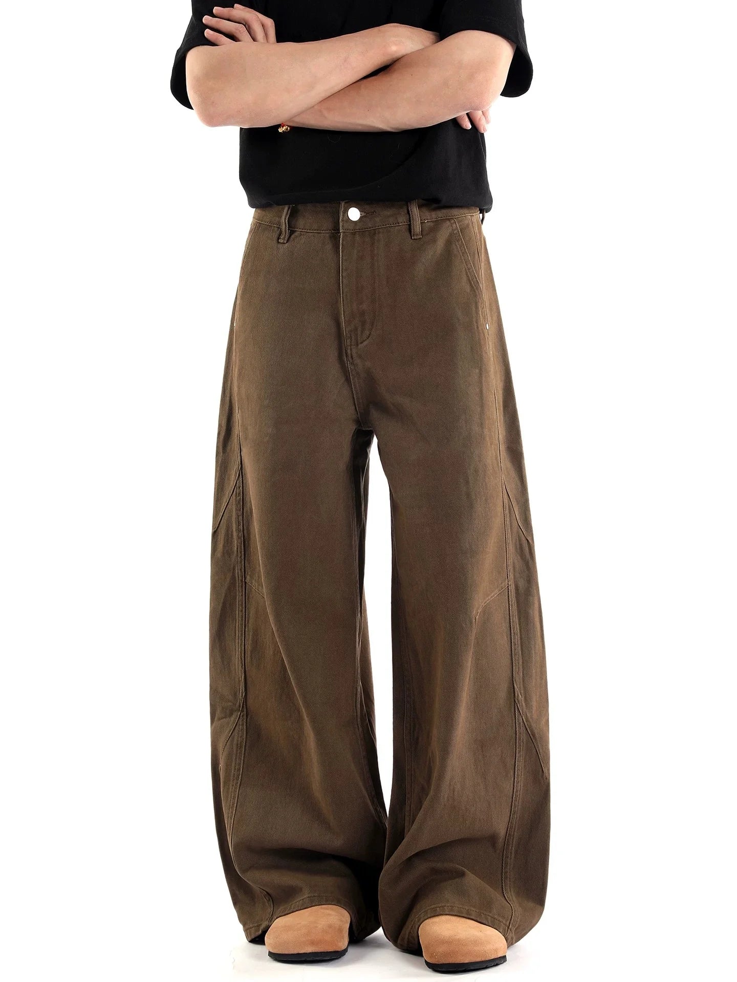 Men's wide-leg denim jeans featuring a retro curved design, designed for a loose fit, perfect for casual wear. 0