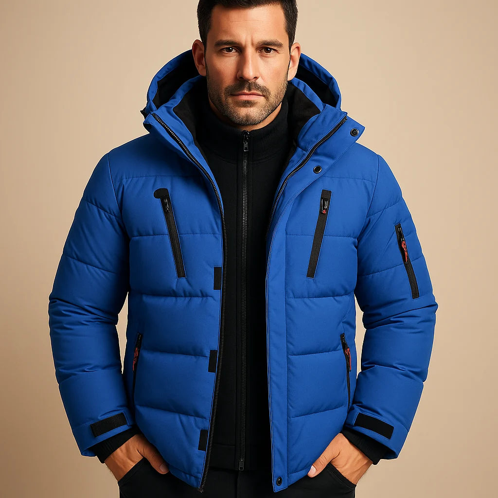 Men's winter jacket featuring a thick padded design and durable zipper, perfect for outdoor activities in cold weather. 0