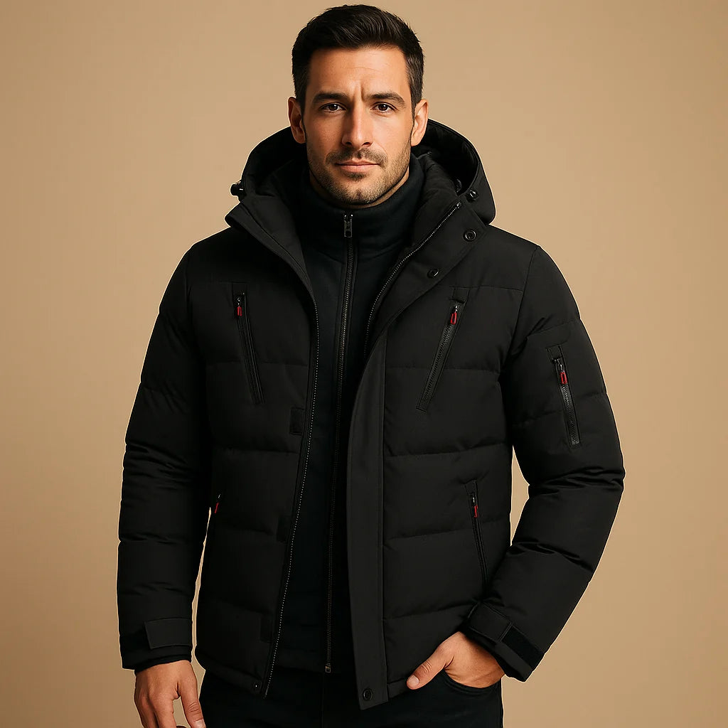 Men's winter jacket featuring a thick padded design and durable zipper, perfect for outdoor activities in cold weather. 2