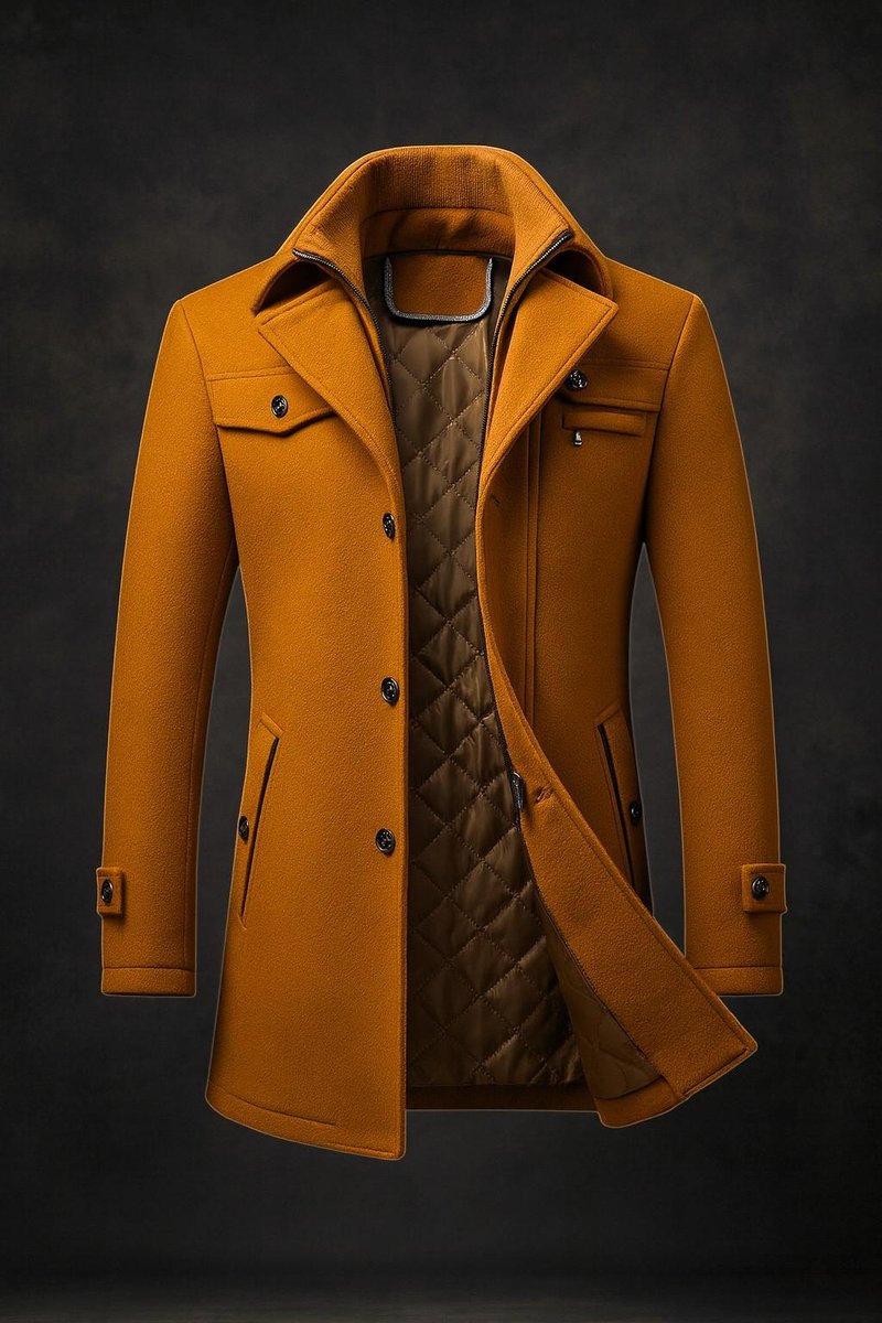 Men's wool overcoat featuring a quilted lining and double-layer collar, designed for warmth and style during winter. 0
