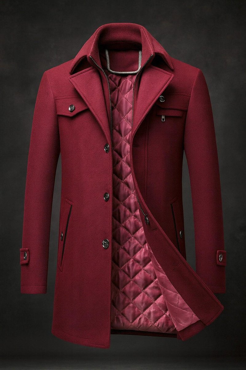 Men's wool overcoat featuring a quilted lining and double-layer collar, designed for warmth and style during winter. 2
