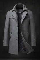 Men's wool overcoat featuring a quilted lining and double-layer collar, designed for warmth and style during winter. 3