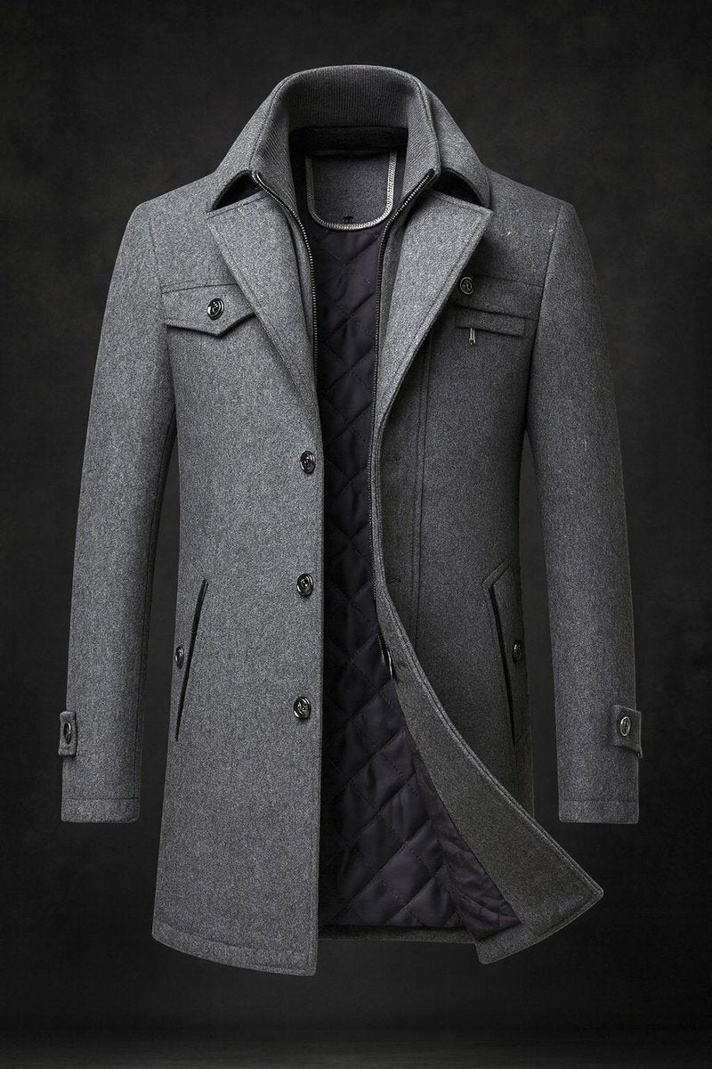 Men's wool overcoat featuring a quilted lining and double-layer collar, designed for warmth and style during winter. 3