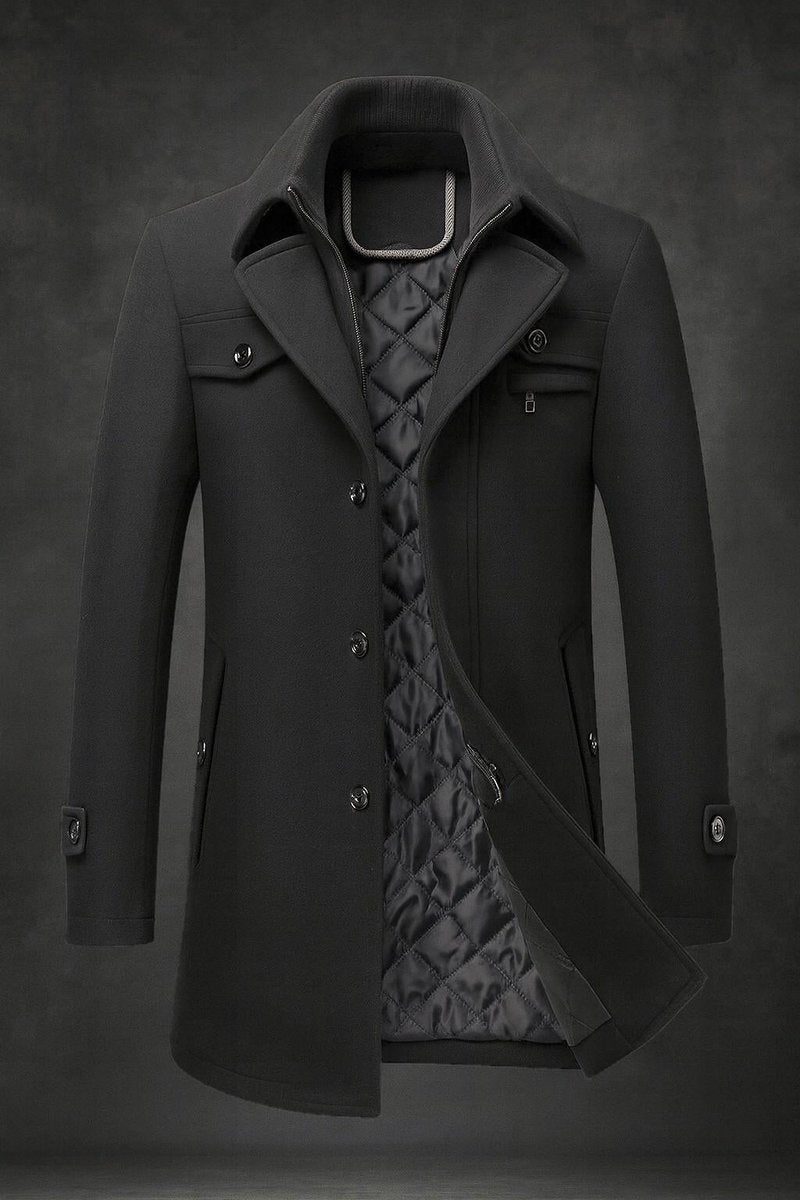 Men's wool overcoat featuring a quilted lining and double-layer collar, designed for warmth and style during winter. 4