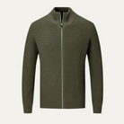 Men's zip-up cardigan featuring a mock neck design, crafted from soft stretch knit fabric, available in black and grey colors. 0