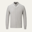 Men's zip-up cardigan featuring a mock neck design, crafted from soft stretch knit fabric, available in black and grey colors. 4