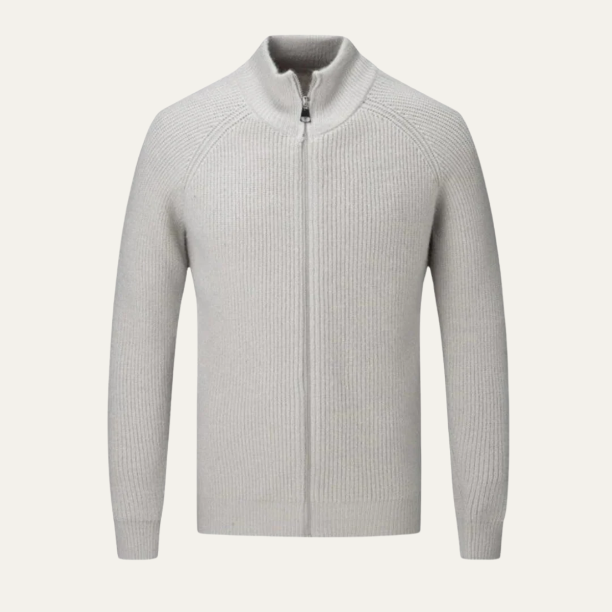 Men's zip-up cardigan featuring a mock neck design, crafted from soft stretch knit fabric, available in black and grey colors. 4