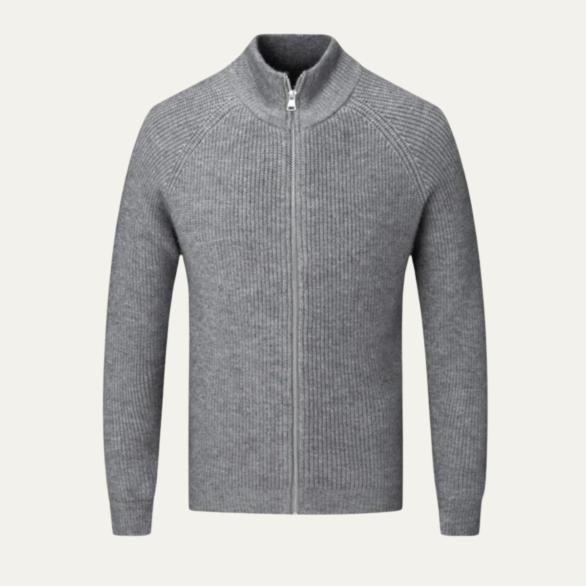 Men's zip-up cardigan featuring a mock neck design, crafted from soft stretch knit fabric, available in black and grey colors. 5