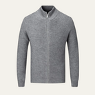 Men's zip-up cardigan featuring a mock neck design, crafted from soft stretch knit fabric, available in black and grey colors. 5