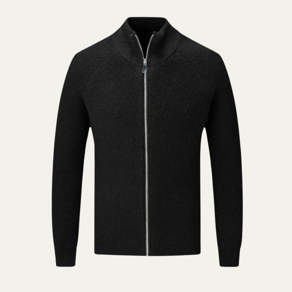 Men's zip-up cardigan featuring a mock neck design, crafted from soft stretch knit fabric, available in black and grey colors. 6