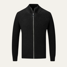 Men's zip-up cardigan featuring a mock neck design, crafted from soft stretch knit fabric, available in black and grey colors. 6