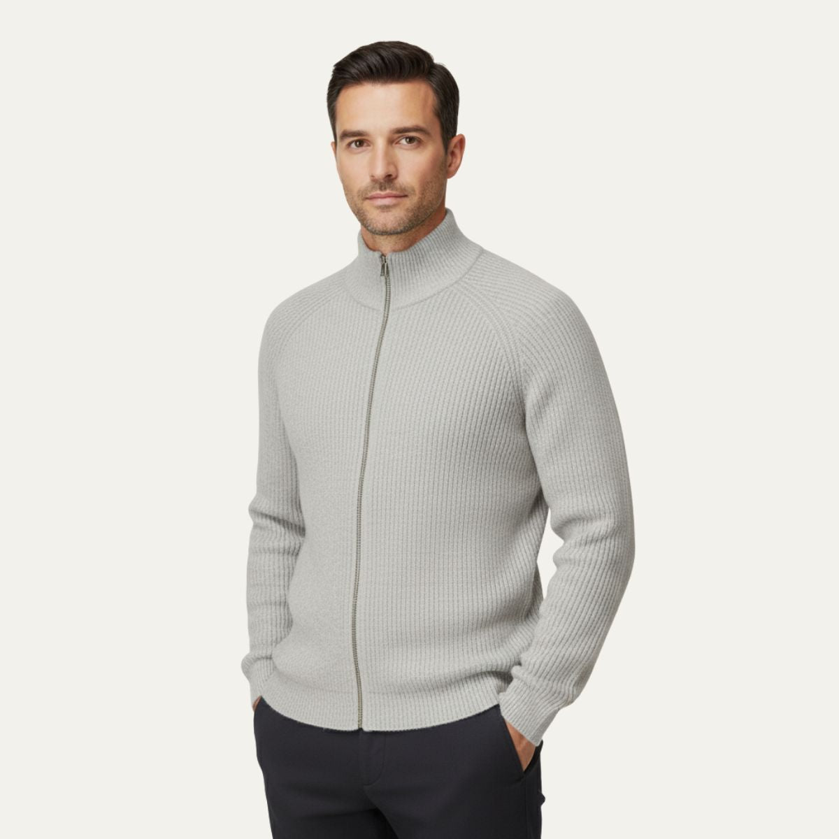 Men's zip-up cardigan featuring a mock neck design, crafted from soft stretch knit fabric, available in black and grey colors. 7