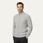 Men's zip-up cardigan featuring a mock neck design, crafted from soft stretch knit fabric, available in black and grey colors. 7