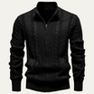 Men's zip up cardigan in soft black knit featuring a stylish stand collar and intricate cable knit design, perfect for layering in cooler weather. 0