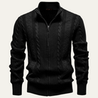 Men's zip up cardigan in soft black knit featuring a stylish stand collar and intricate cable knit design, perfect for layering in cooler weather. 0