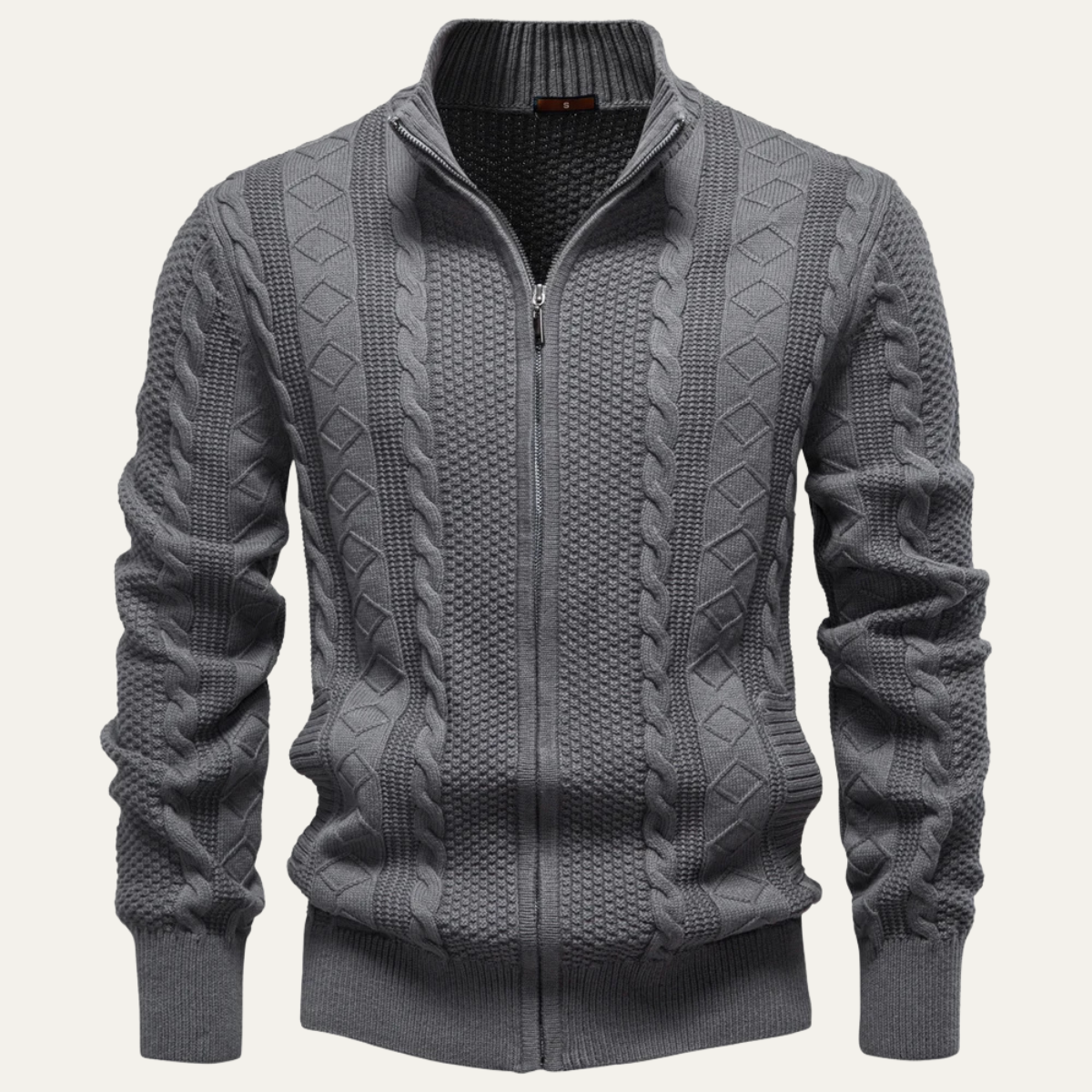 Men's zip up cardigan in soft black knit featuring a stylish stand collar and intricate cable knit design, perfect for layering in cooler weather. 1