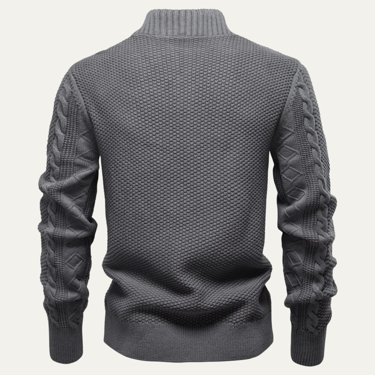 Men's zip up cardigan in soft black knit featuring a stylish stand collar and intricate cable knit design, perfect for layering in cooler weather. 3