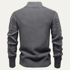 Men's zip up cardigan in soft black knit featuring a stylish stand collar and intricate cable knit design, perfect for layering in cooler weather. 3