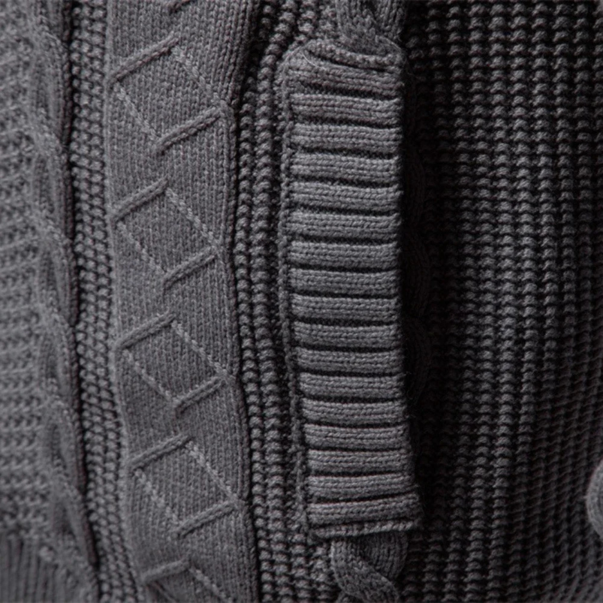 Men's zip up cardigan in soft black knit featuring a stylish stand collar and intricate cable knit design, perfect for layering in cooler weather. 5