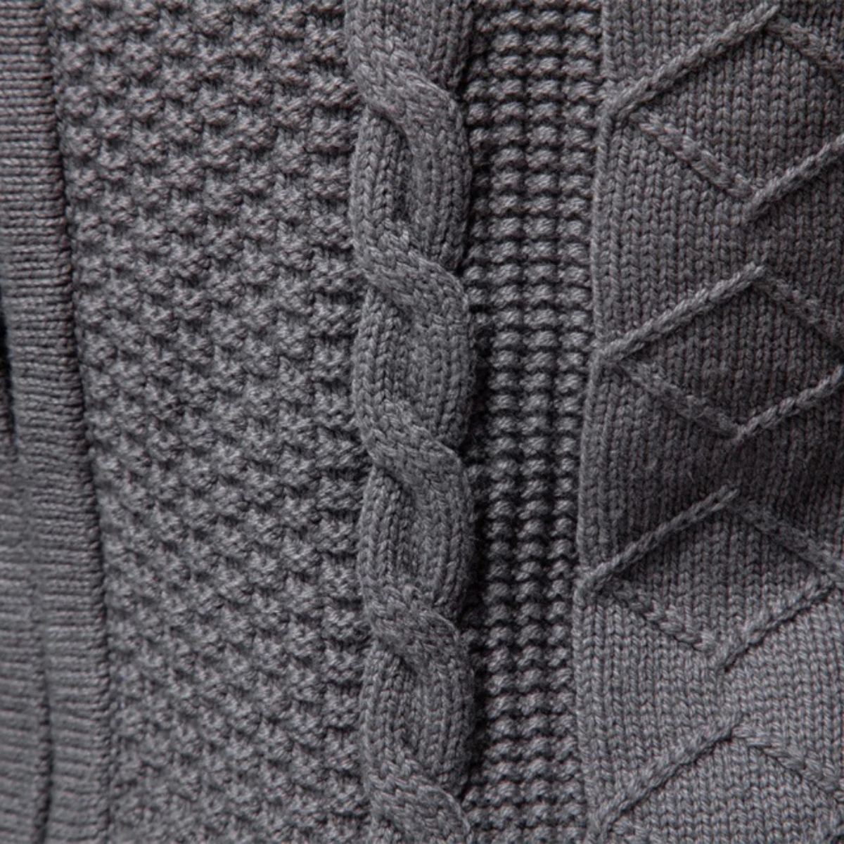 Men's zip up cardigan in soft black knit featuring a stylish stand collar and intricate cable knit design, perfect for layering in cooler weather. 6