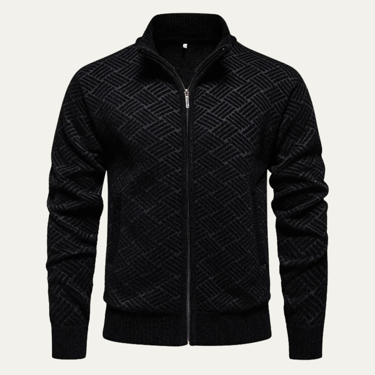 Men's black zip-up cardigan featuring a textured knit design, crafted from soft stretch fabric, with functional pockets for added convenience. 0
