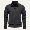 Men's black zip-up cardigan featuring a textured knit design, crafted from soft stretch fabric, with functional pockets for added convenience. 1