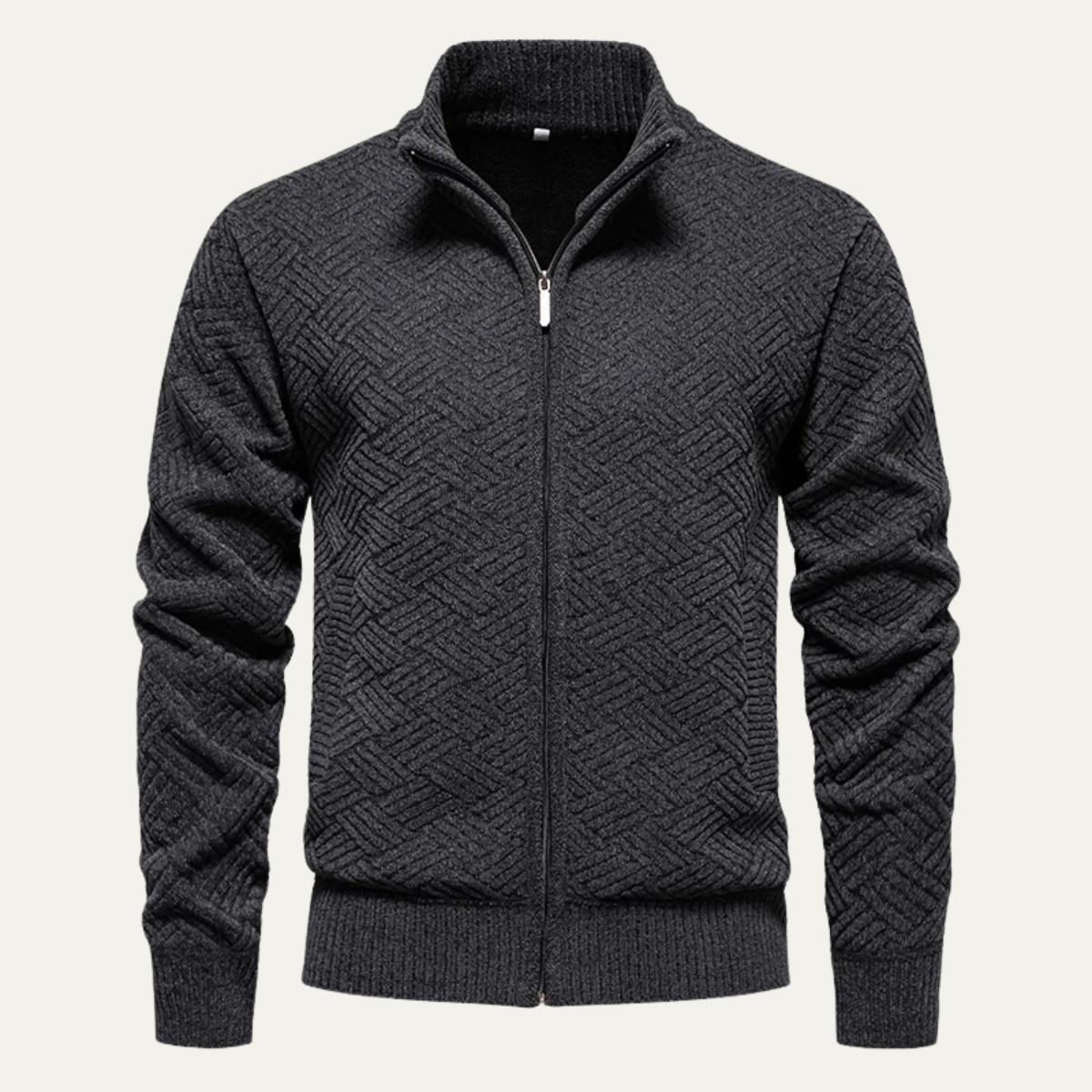 Men's black zip-up cardigan featuring a textured knit design, crafted from soft stretch fabric, with functional pockets for added convenience. 1