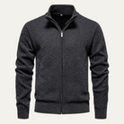 Men's black zip-up cardigan featuring a textured knit design, crafted from soft stretch fabric, with functional pockets for added convenience. 1