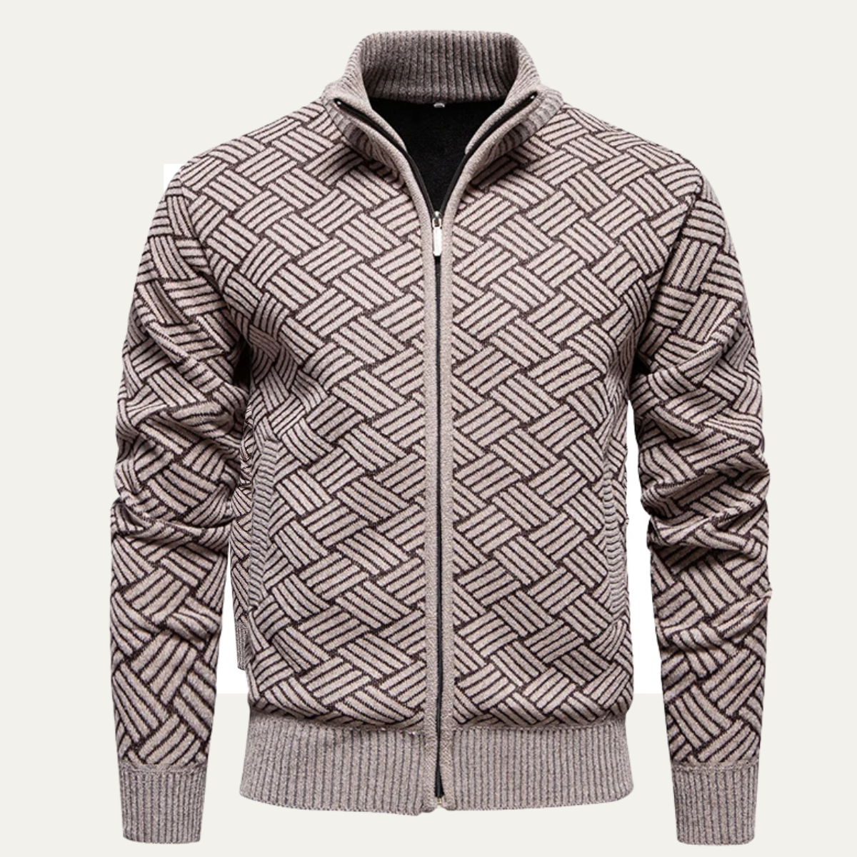 Men's black zip-up cardigan featuring a textured knit design, crafted from soft stretch fabric, with functional pockets for added convenience. 2