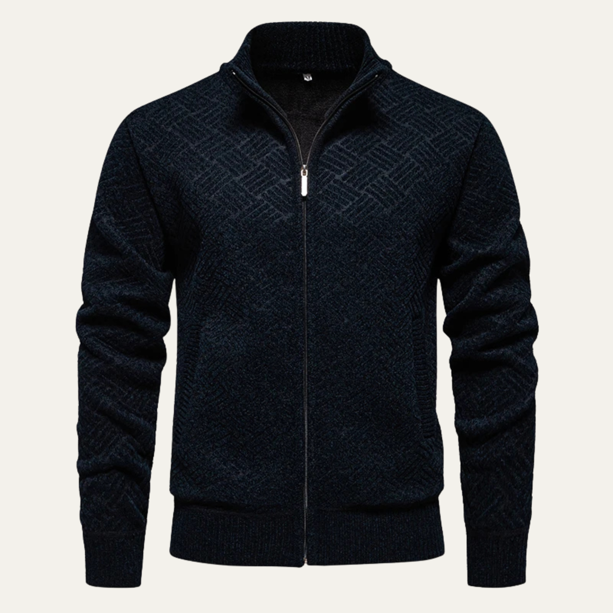 Men's black zip-up cardigan featuring a textured knit design, crafted from soft stretch fabric, with functional pockets for added convenience. 3