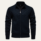 Men's black zip-up cardigan featuring a textured knit design, crafted from soft stretch fabric, with functional pockets for added convenience. 3