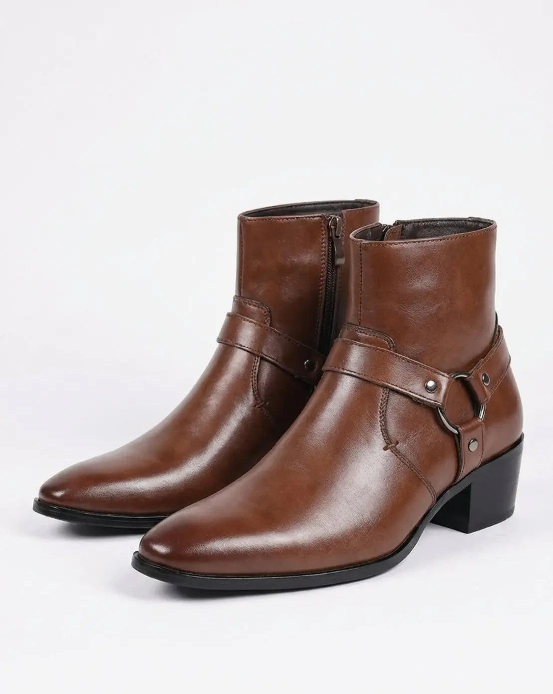 Men's black ankle boots featuring a stylish harness strap and pointed toe, crafted from polished leather for a sleek and sophisticated look. 0