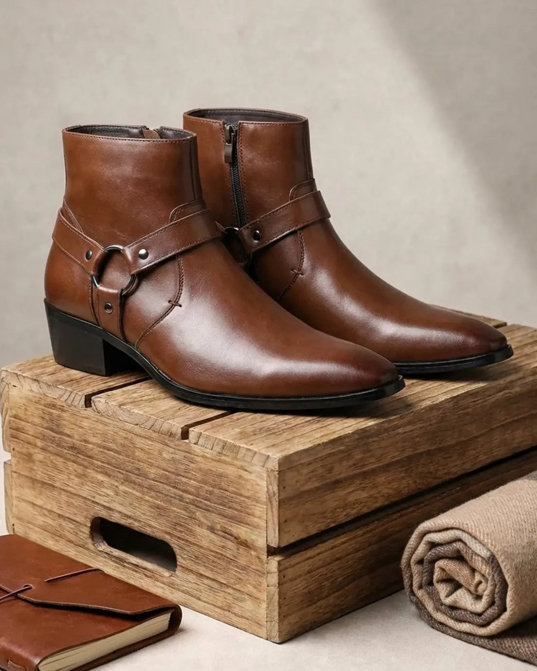 Men's black ankle boots featuring a stylish harness strap and pointed toe, crafted from polished leather for a sleek and sophisticated look. 1