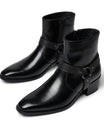 Men's black ankle boots featuring a stylish harness strap and pointed toe, crafted from polished leather for a sleek and sophisticated look. 5