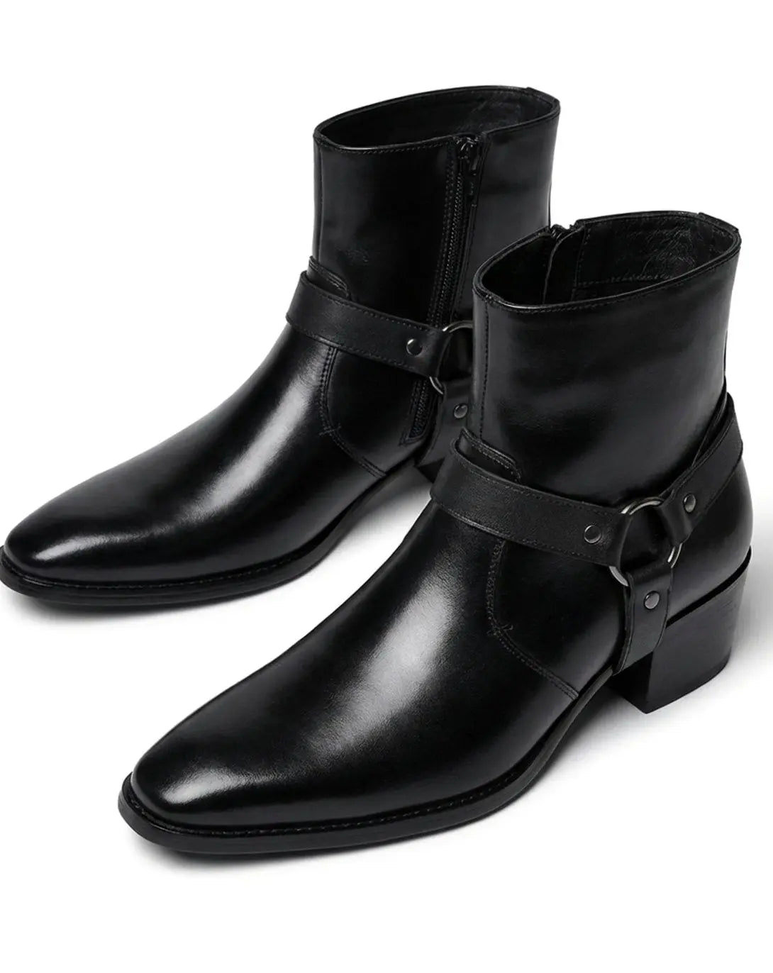 Men's black ankle boots featuring a stylish harness strap and pointed toe, crafted from polished leather for a sleek and sophisticated look. 5