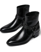 Men's black ankle boots featuring a stylish harness strap and pointed toe, crafted from polished leather for a sleek and sophisticated look. 5