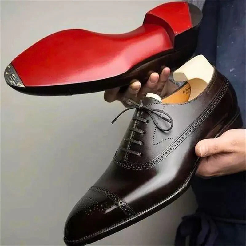 Mens Oxford Shoes with Genuine Leather Upper and Classic Cap-Toe Design – Black Brogue Dress Shoes 0