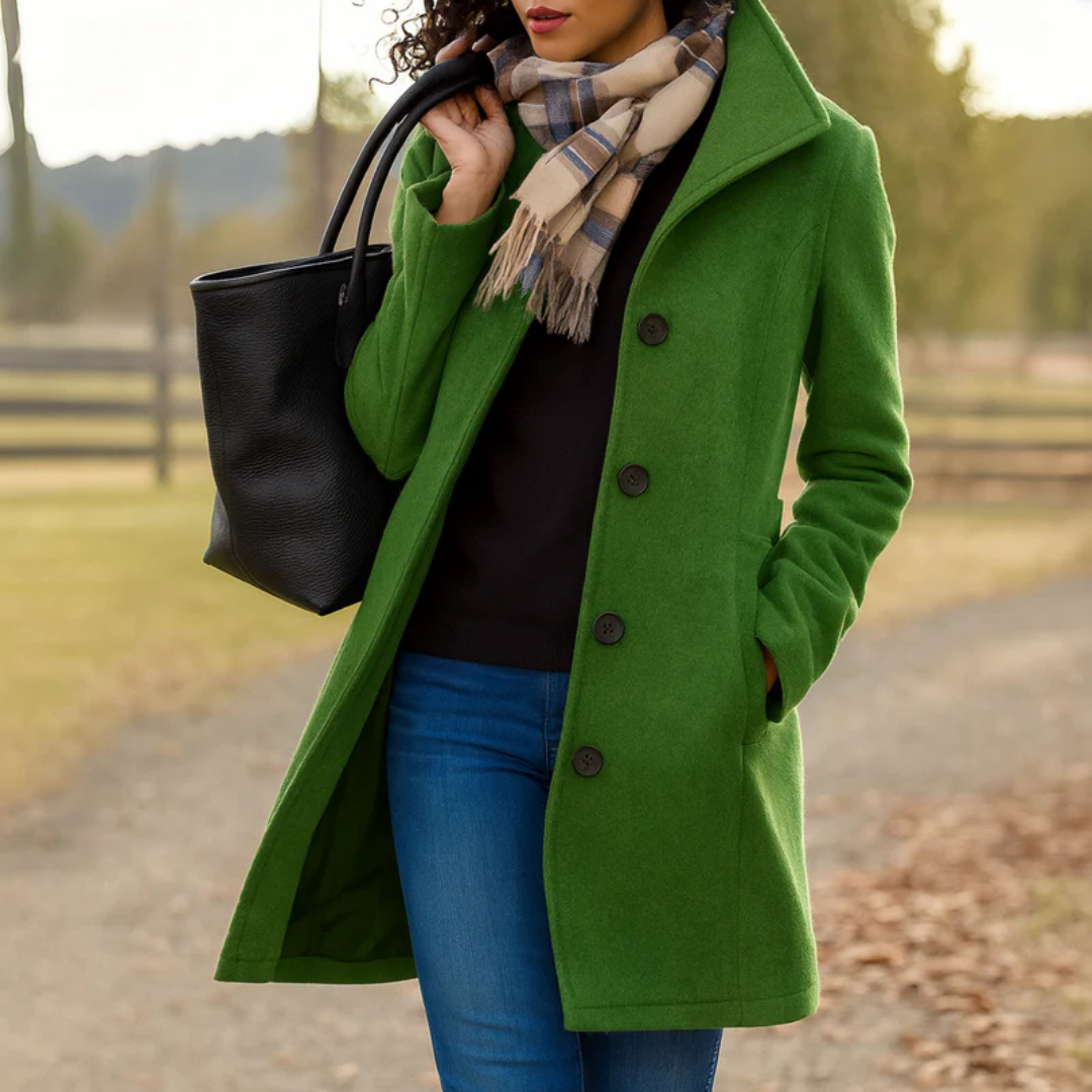 Mid length wool coat for women featuring a high collar, made from warm wool-blend fabric, designed for an elegant fit above the knee. 2