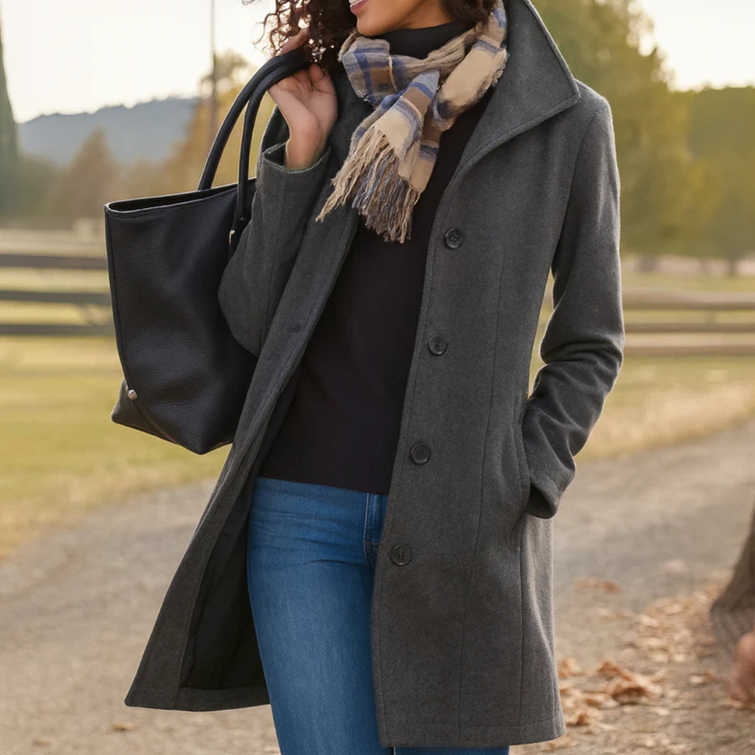 Mid length wool coat for women featuring a high collar, made from warm wool-blend fabric, designed for an elegant fit above the knee. 3
