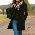 Mid length wool coat for women featuring a high collar, made from warm wool-blend fabric, designed for an elegant fit above the knee. 4