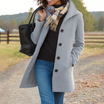 Mid length wool coat for women featuring a high collar, made from warm wool-blend fabric, designed for an elegant fit above the knee. 5