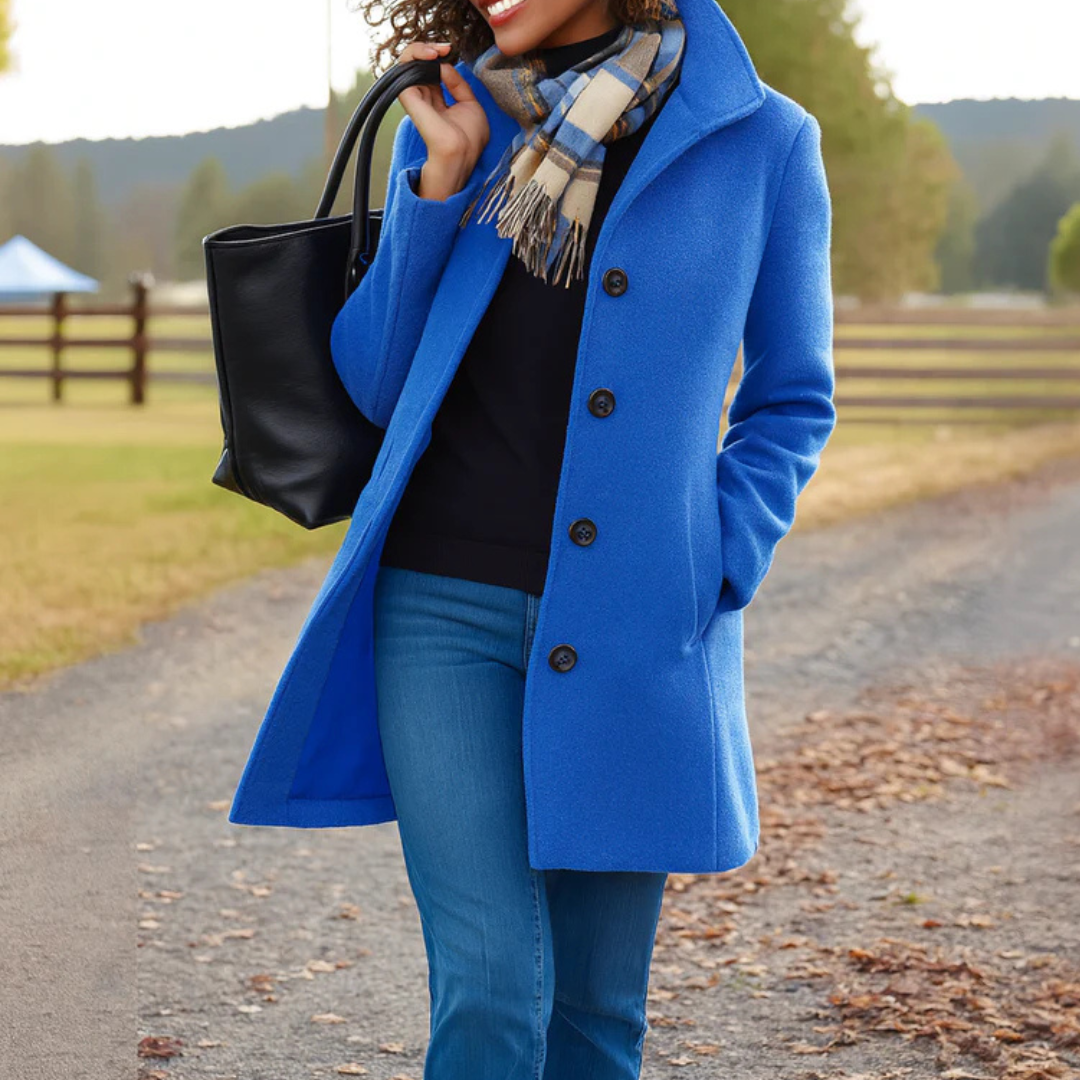 Mid length wool coat for women featuring a high collar, made from warm wool-blend fabric, designed for an elegant fit above the knee. 7