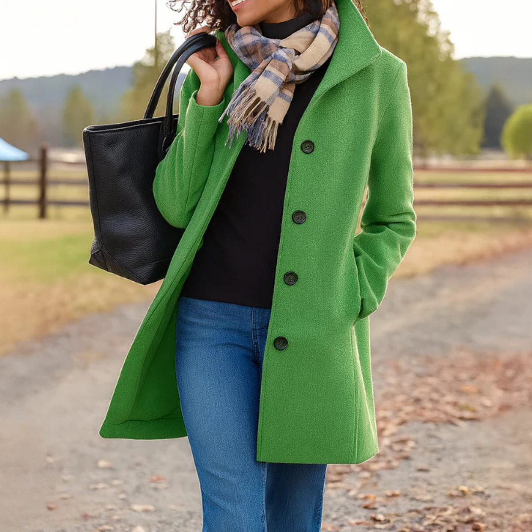 Mid length wool coat for women featuring a high collar, made from warm wool-blend fabric, designed for an elegant fit above the knee. 9