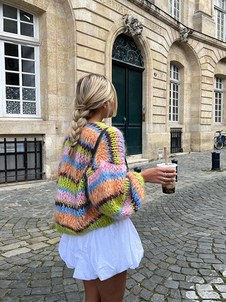 Multicolor cardigan for women featuring a relaxed fit, made from soft plush fabric, perfect for cozy layering in any season. 4