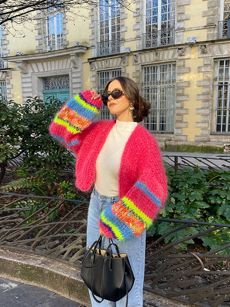Multicolor cardigan for women featuring a relaxed fit, made from soft plush fabric, perfect for cozy layering in any season. 7