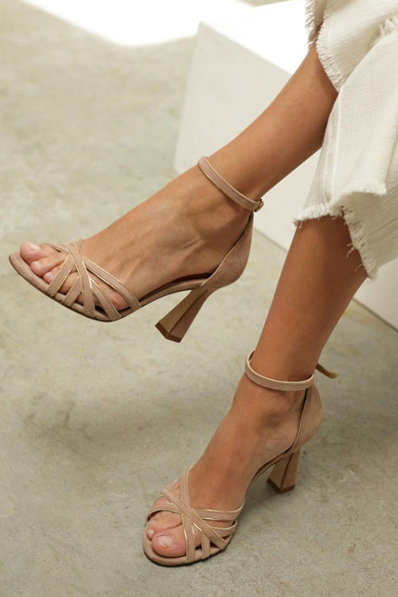 Nude block heel sandals featuring an elegant strappy design and ankle strap for enhanced comfort and style. 0