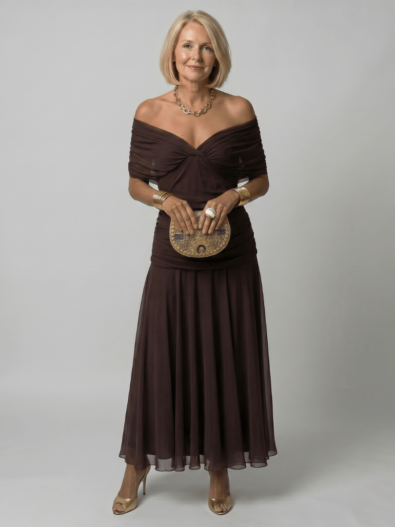 Off Shoulder Midi Dress with Draped Neckline – Lightweight Summer Dress for Wedding Guests and Cocktail Events 6