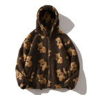 Oversized Sherpa jacket featuring a whimsical teddy bear print and an attached hood, perfect for cozy casual wear in cold weather. 0