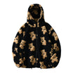 Oversized Sherpa jacket featuring a whimsical teddy bear print and an attached hood, perfect for cozy casual wear in cold weather. 1