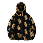 Oversized Sherpa jacket featuring a whimsical teddy bear print and an attached hood, perfect for cozy casual wear in cold weather. 1